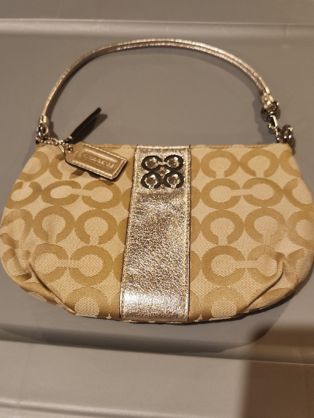 Coach Gold Signature Jacquard Wristlet with Metallic Accent